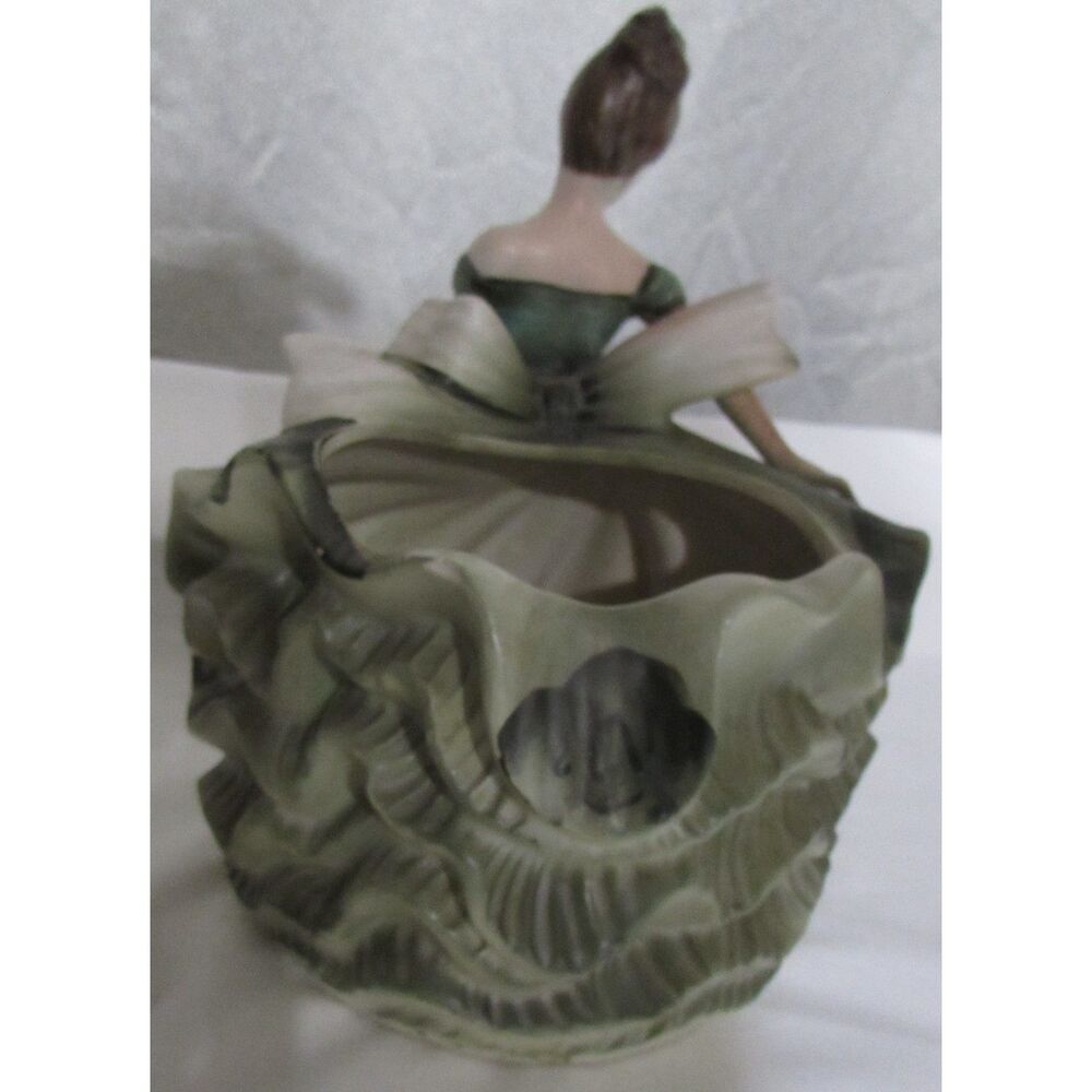 Vintage Lefton green dress lady girl planter brown hair twirling swirling flower - Picture 7 of 14